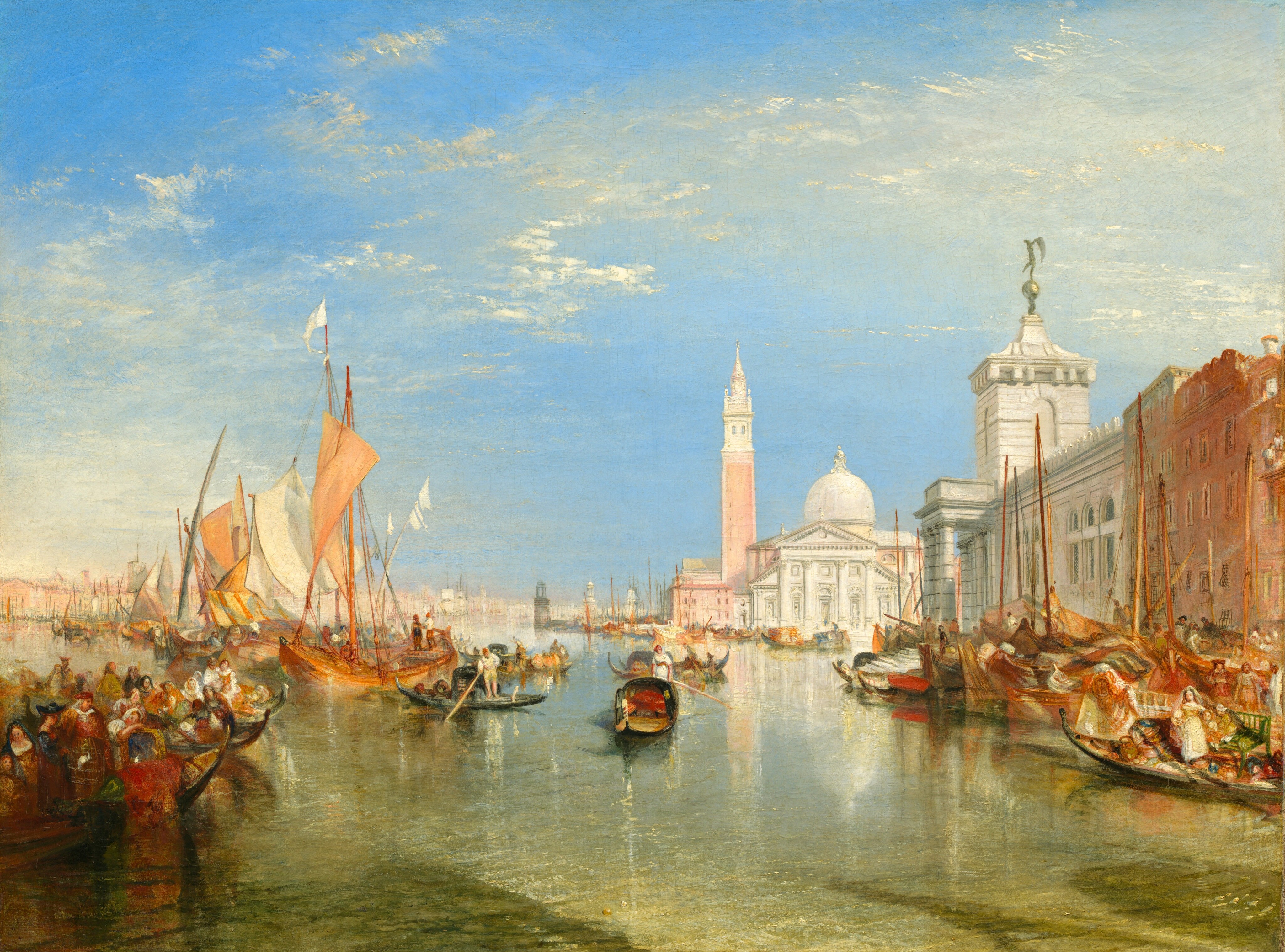 A luminous view of Venice across the lagoon, with the Punta della Dogana customs house and San Giorgio Maggiore church bathed in golden morning light.